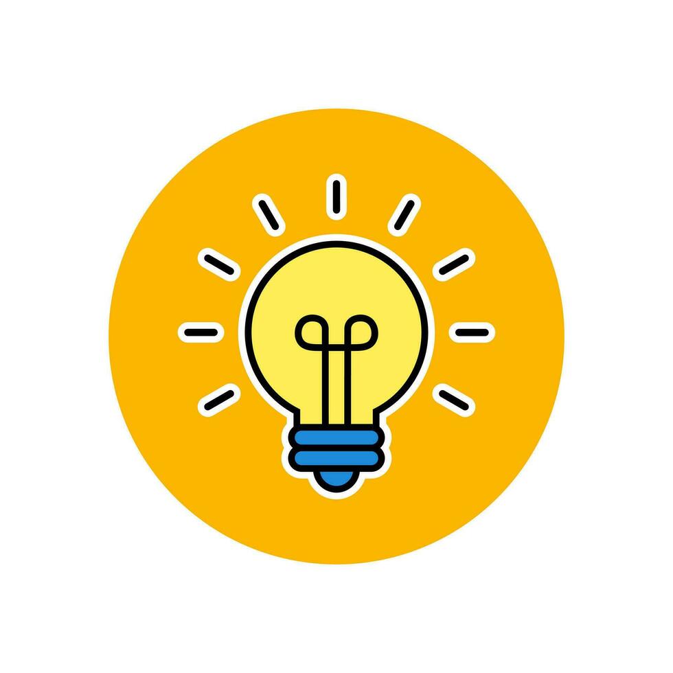 Glowing light bulb icon on yellow circle background. Creativity idea symbol vector