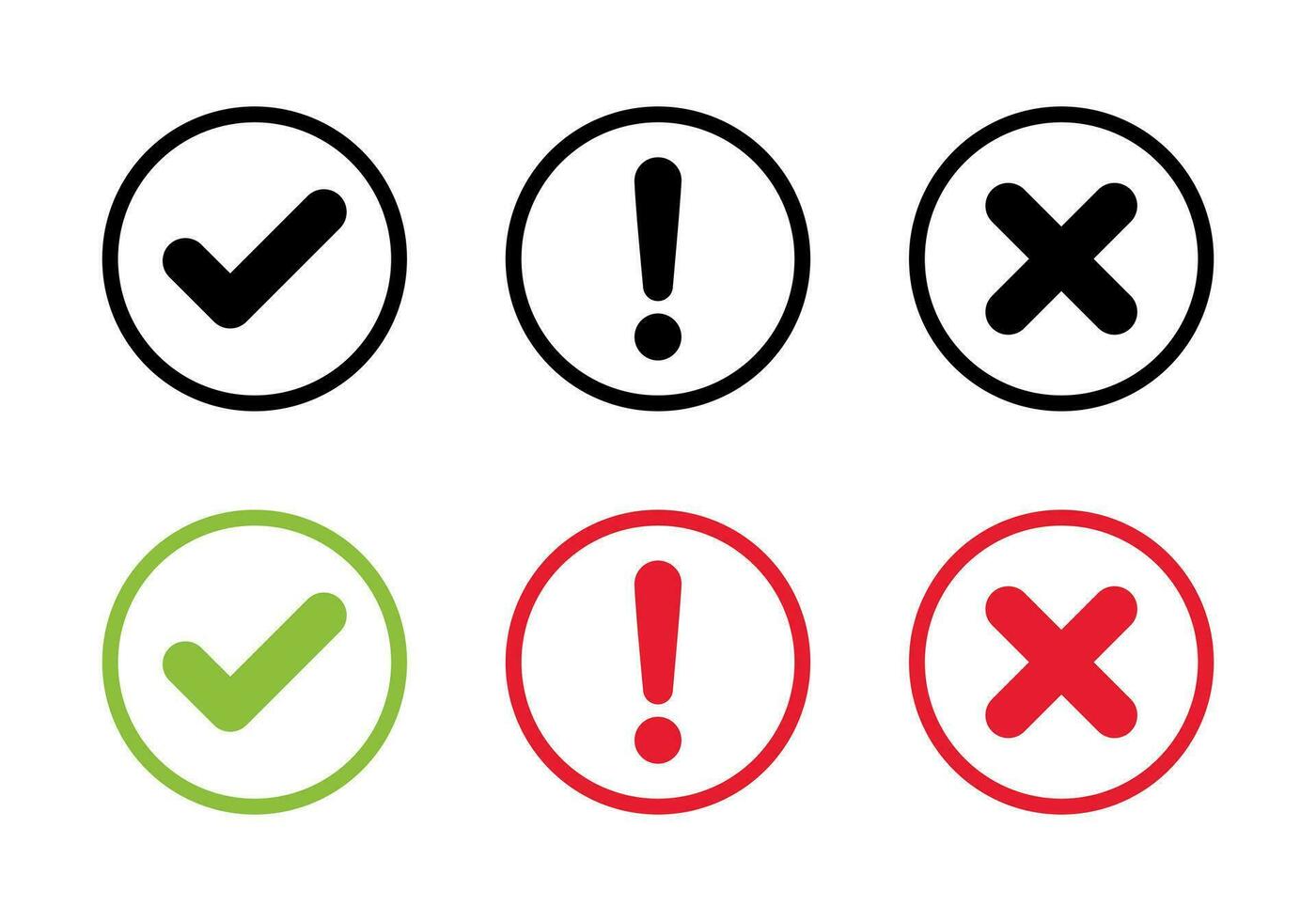 Checkmark, exclamation and cross mark icon on circle line. Check, warning, and x symbol vector