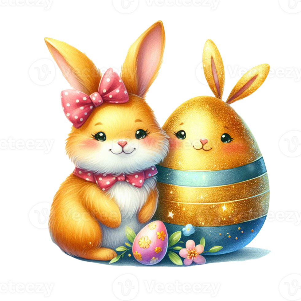AI generated Watercolor golden egg and cute bunny, hand drawn pastel Easter egg day. on transparency png file format