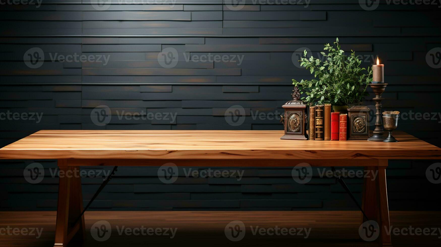 ai generado elegante miel arce de madera mesa, ideal para producto colocación Bosquejo con un suave Mañana ligero y borroso urbano antecedentes - Perfecto para moderno interiores y creativo monitor maquetas foto