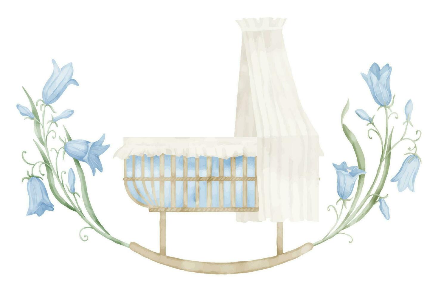 Cradle watercolor illustration. Hand drawn Crib in pastel colors for Baby shower greeting cards or newborn invitations. Drawing of vintage bed for child with blue bell flowers on isolated background vector