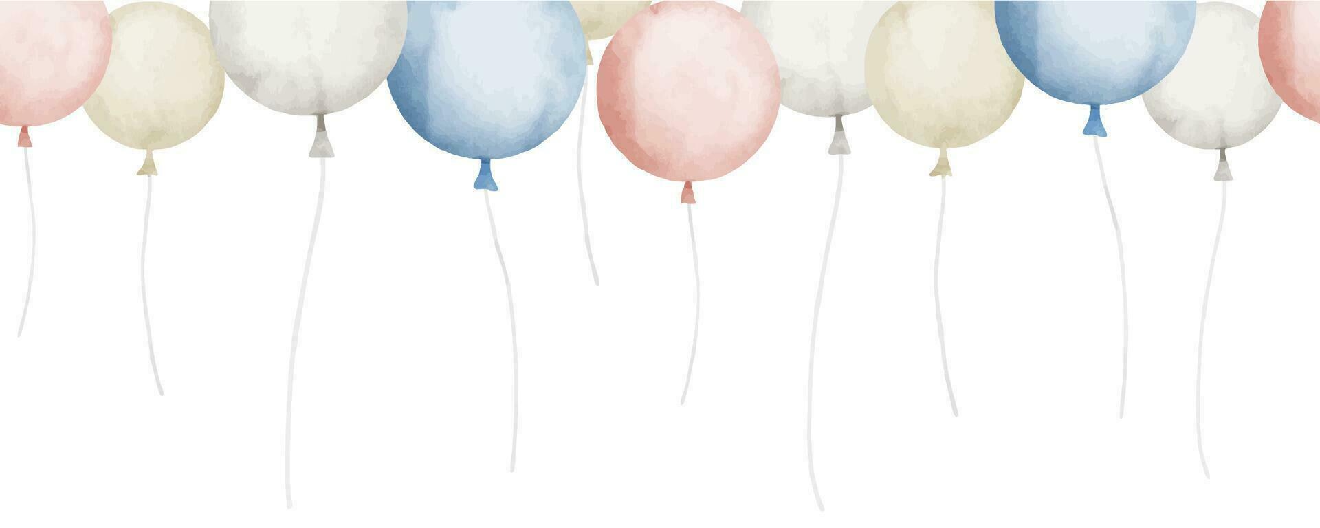 Seamless Border with air Balloons in pastel blue and beige colors. Hand drawn watercolor illustration for Happy Birthday greeting cards or invitations. Pattern for Frame on isolated background vector