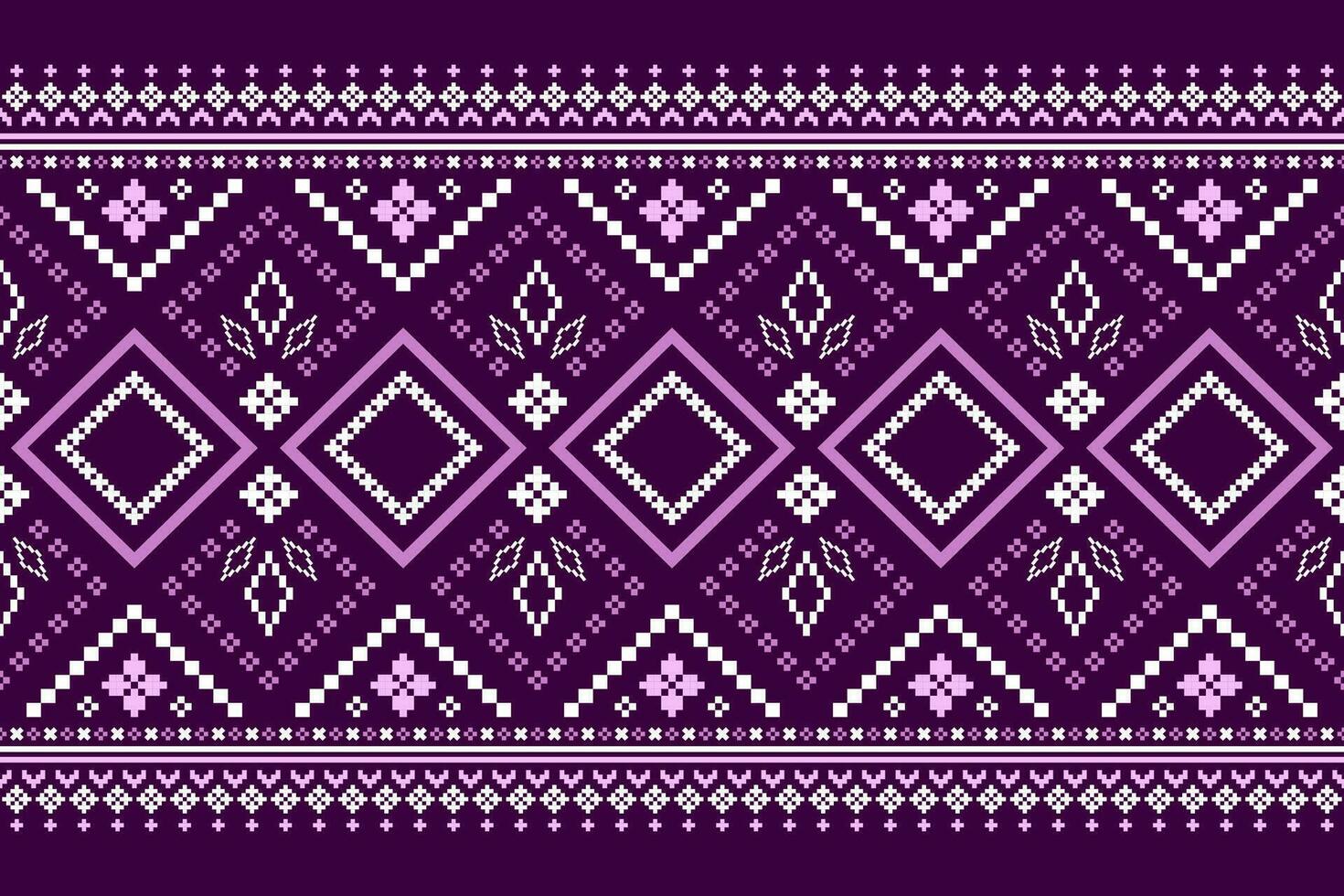 Purple cross stitch traditional ethnic pattern paisley flower Ikat background abstract Aztec African Indonesian Indian seamless pattern for fabric print cloth dress carpet curtains and sarong vector