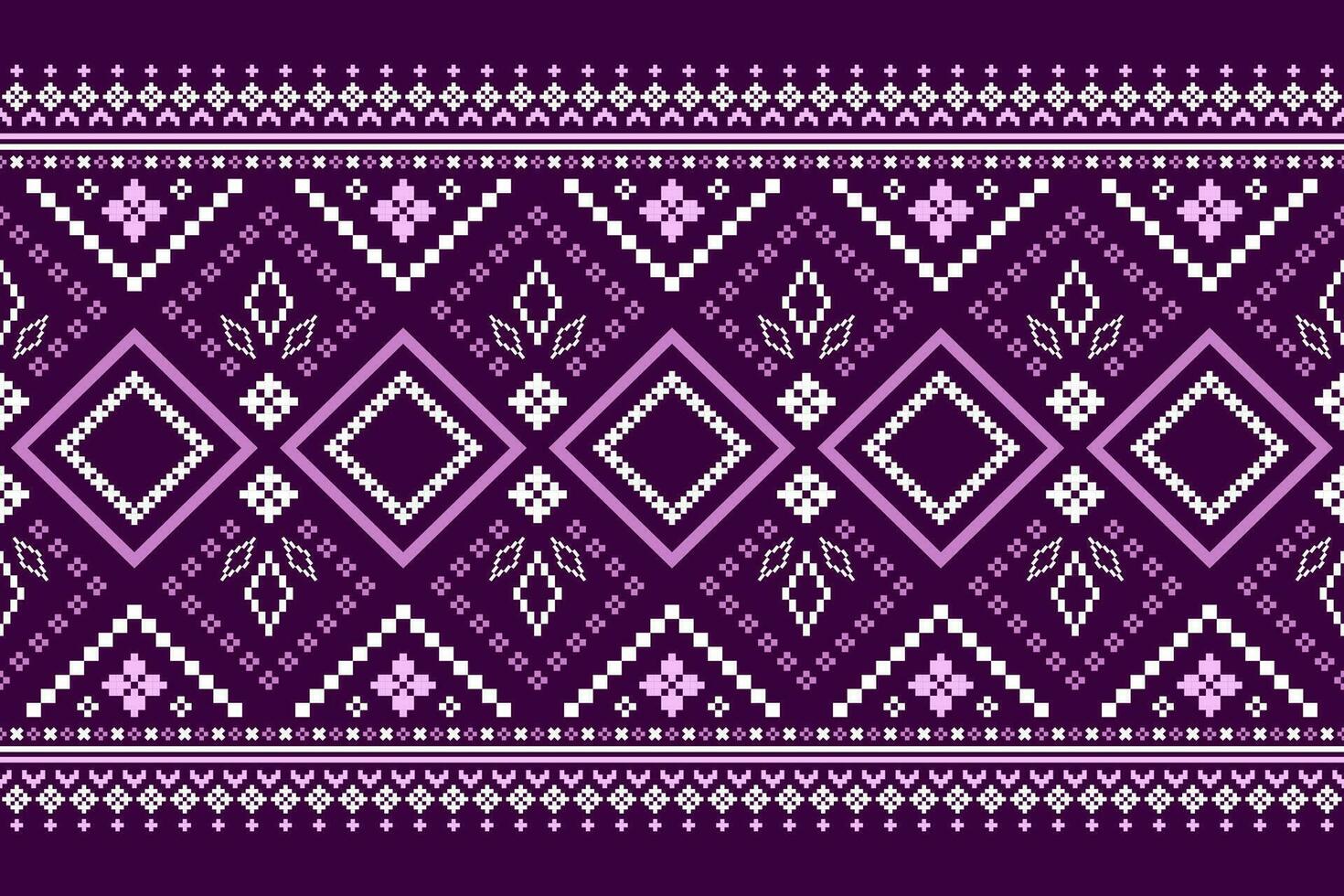 Purple cross stitch traditional ethnic pattern paisley flower Ikat background abstract Aztec African Indonesian Indian seamless pattern for fabric print cloth dress carpet curtains and sarong vector