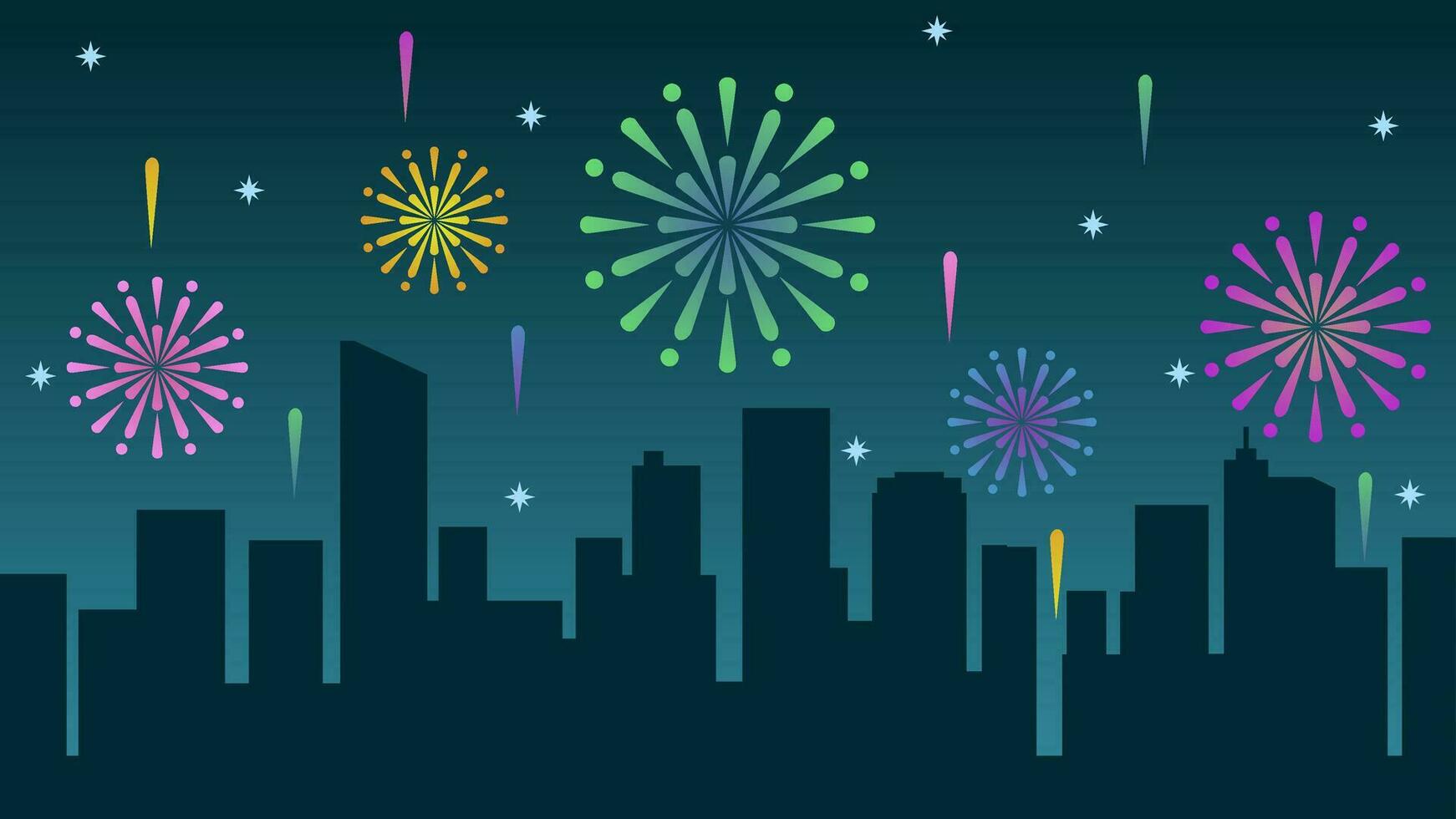 New year cityscape vector illustration. Scenery of city with sparkling fireworks in new year event. City landscape for illustration, background or wallpaper. City silhouette in the firework festival