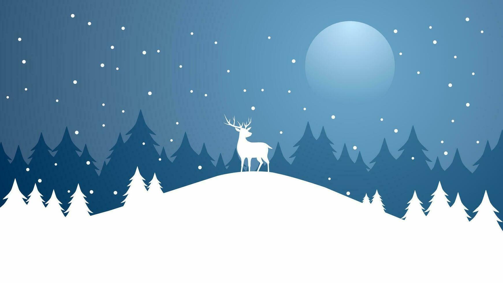 Winter silhouette landscape vector illustration. Scenery of reindeer silhouette in the pine forest snow hill. Cold season landscape for illustration, background or wallpaper