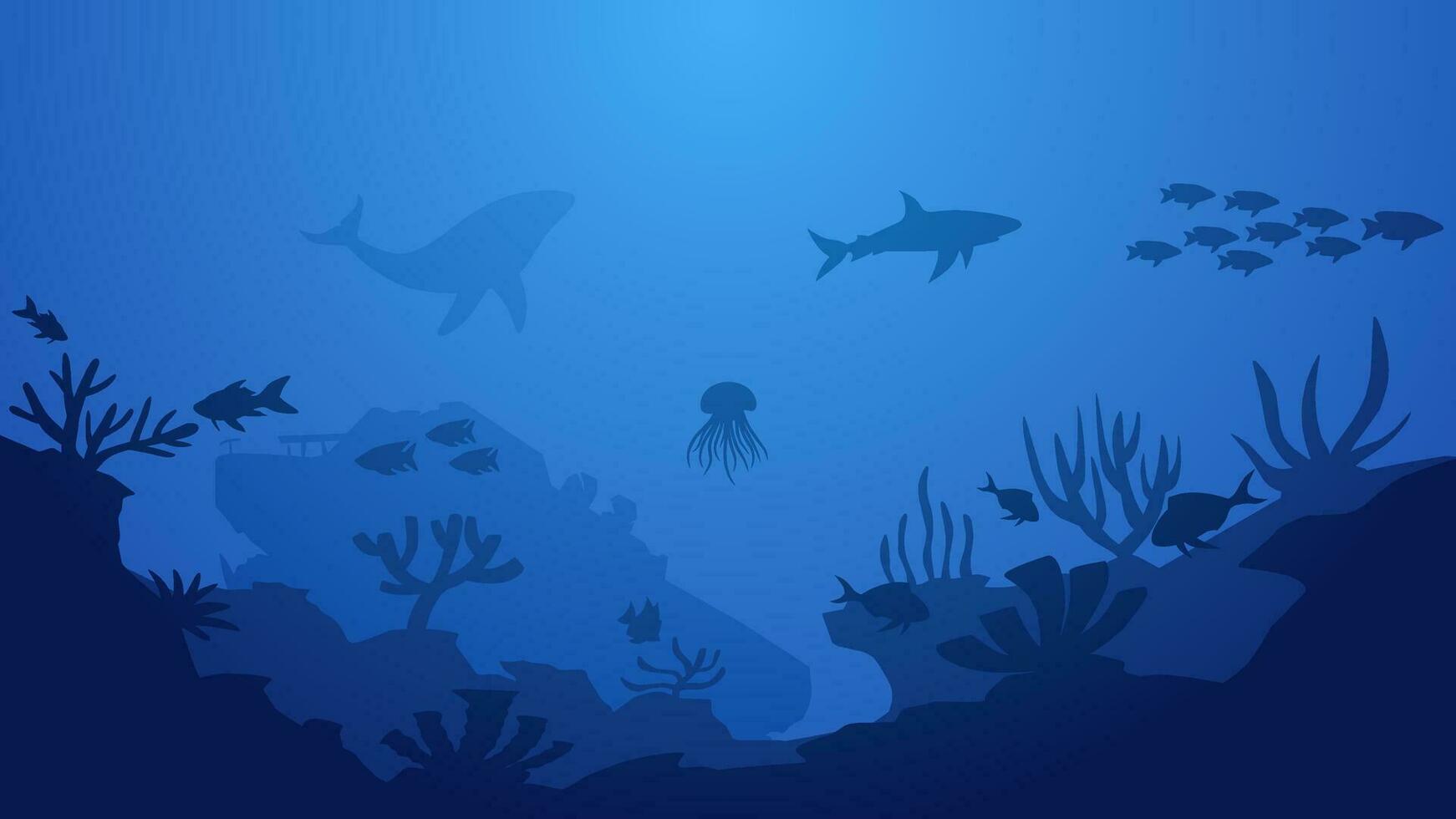 Seascape vector illustration. Scenery of shipwreck in the bottom sea with fish and coral reef. Sea world landscape for illustration, background or wallpaper