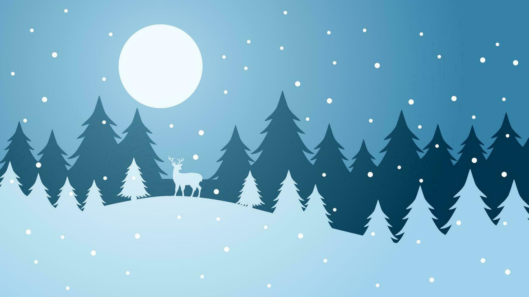 Winter silhouette landscape vector illustration. Scenery of reindeer silhouette in the pine forest snow hill. Cold season panorama for illustration, background or wallpaper