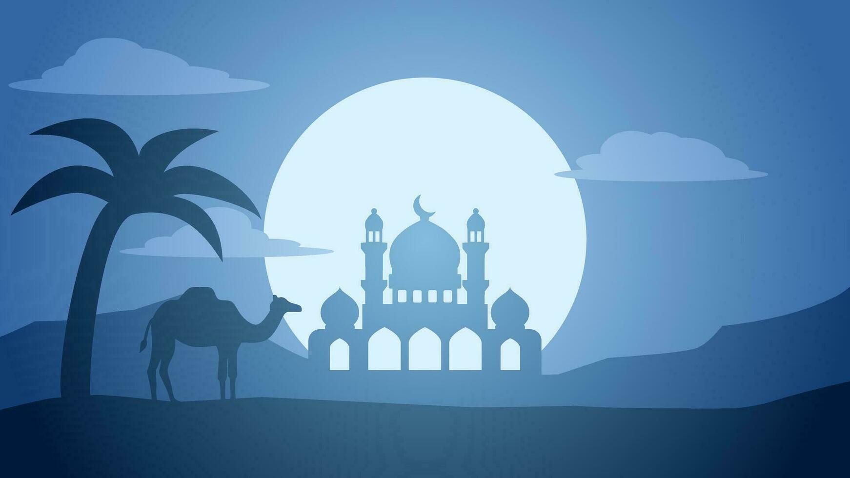 Mosque landscape silhouette vector illustration. Ramadan scenery design graphic in muslim culture and islam religion. Mosque landscape illustration, background or wallpaper