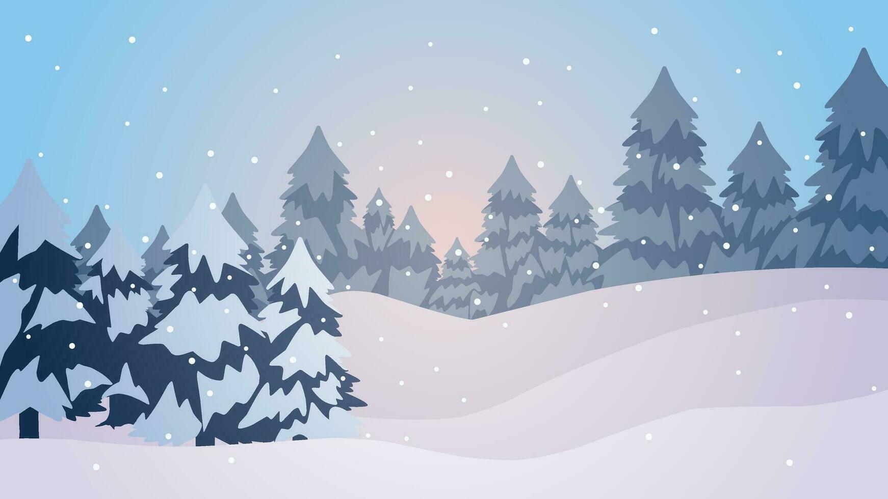 Winter pine forest landscape vector illustration. Scenery of snow covered coniferous in cold season. Snowy pine forest landscape for background, wallpaper or illustration