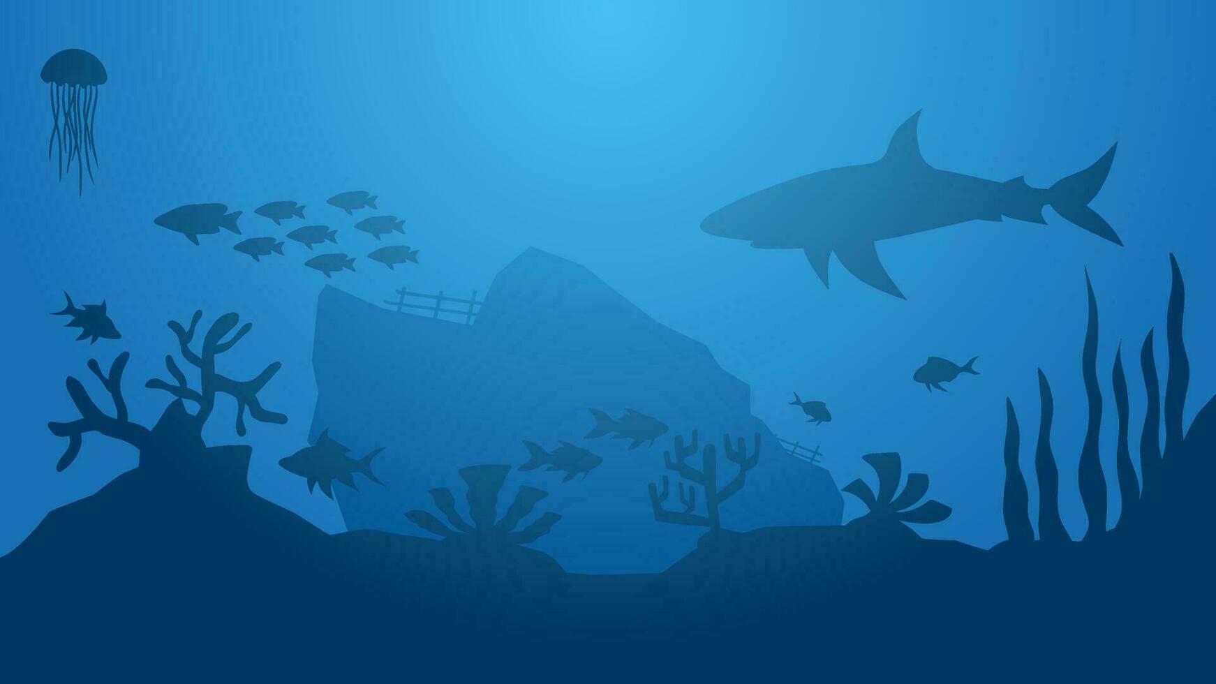 Seascape vector illustration. Scenery of shipwreck in the bottom sea with fish and coral reef. Sea world landscape for illustration, background or wallpaper