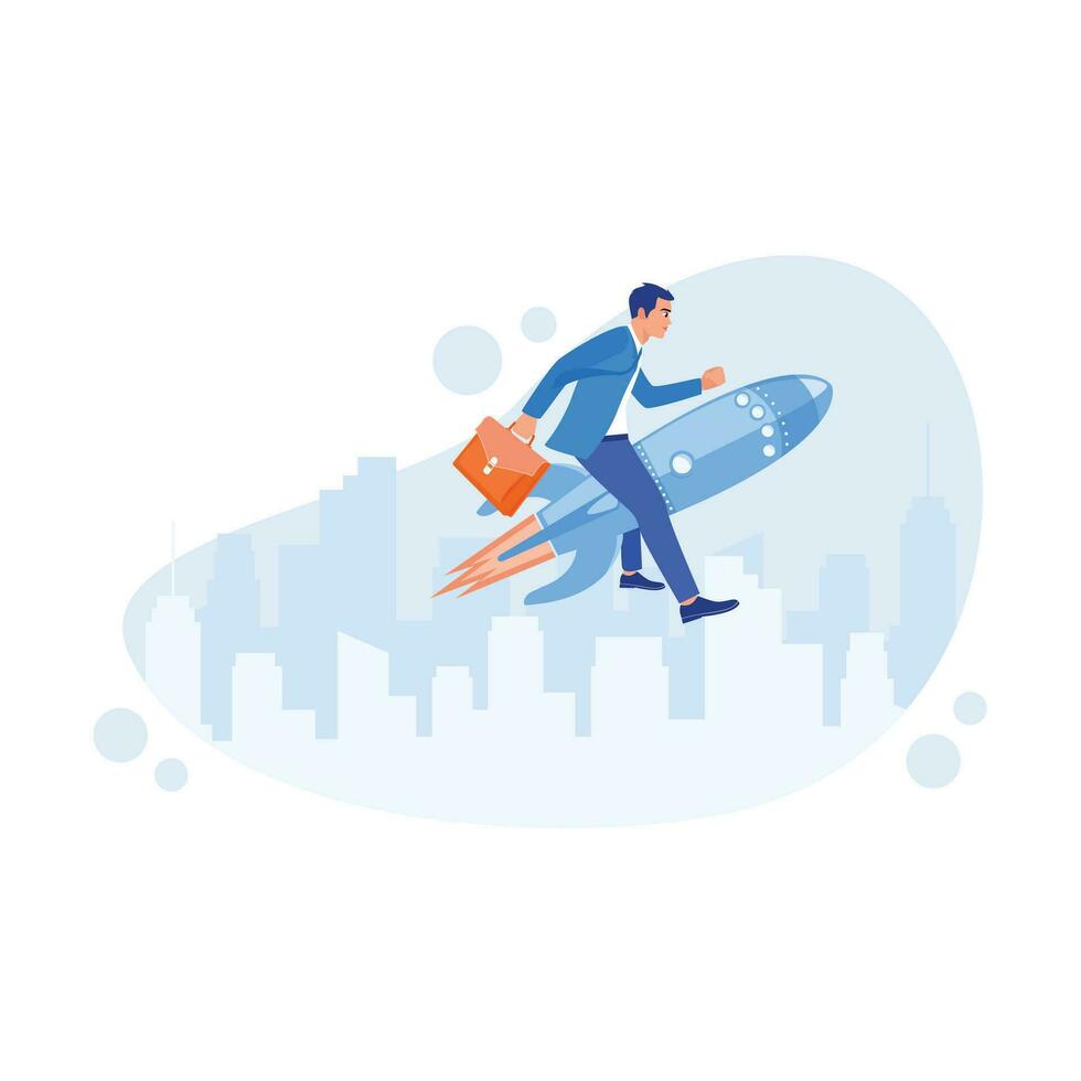 Businessman carrying briefcase flying using jet rocket on blue sky background. Success in business and career concept. Career Development Concept. Trend Modern vector flat illustration