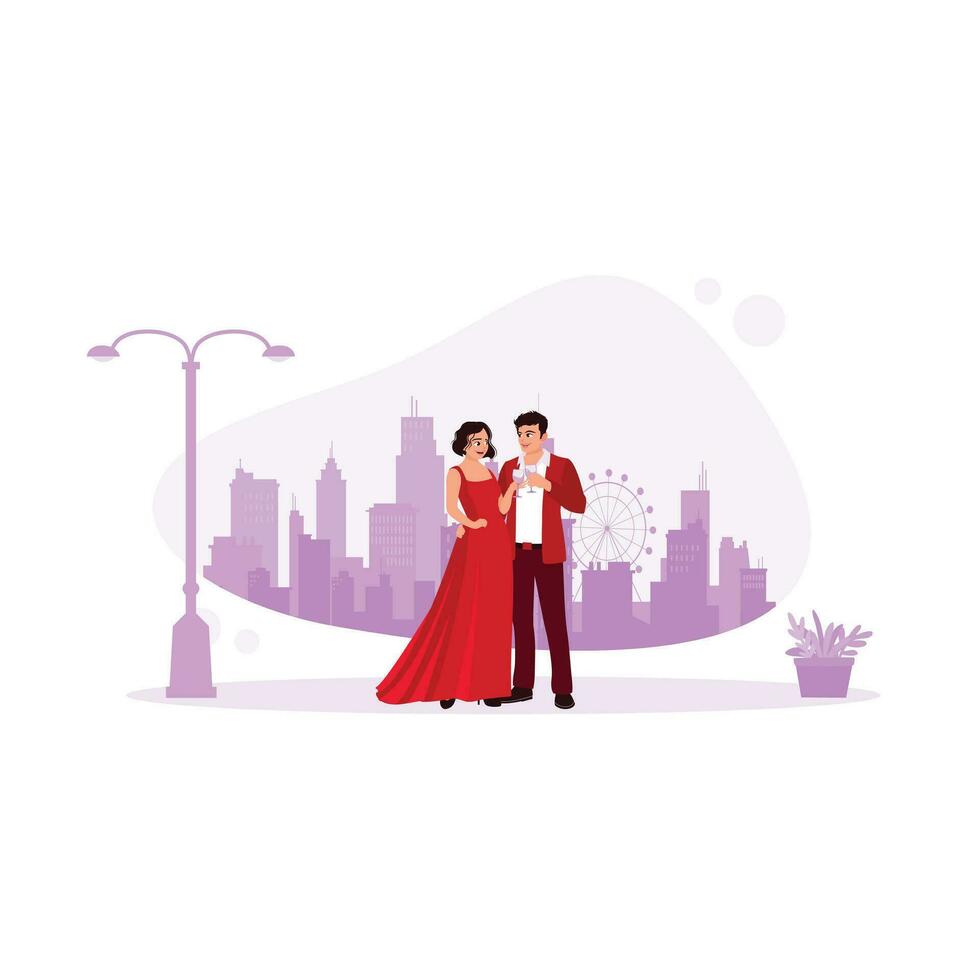 Graceful and elegant young couple holding wine glasses in their hands. Standing against the backdrop of urban views. Relationship concept. Trend Modern vector flat illustration