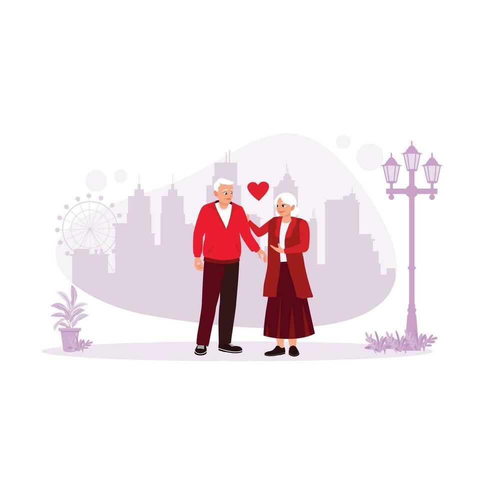 romántico mayor Pareja tomando un caminar juntos. ellos caminar alrededor el ciudad calles con ciudad puntos de vista en el antecedentes. relación concepto. tendencia moderno vector plano ilustración