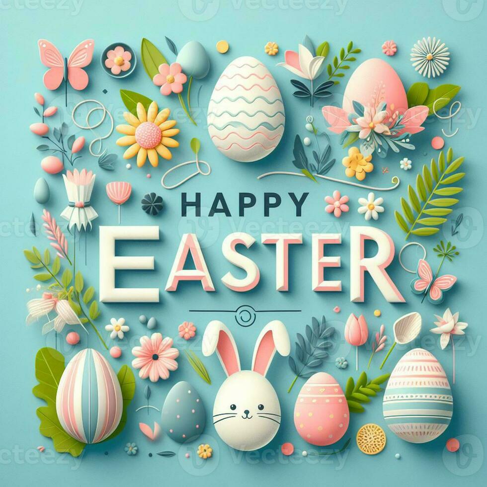 AI generated Happy easter holiday lettering, banner trendy design Easter day with bunny, flowers, eggs typography . Square invitation card text message for postcard photo