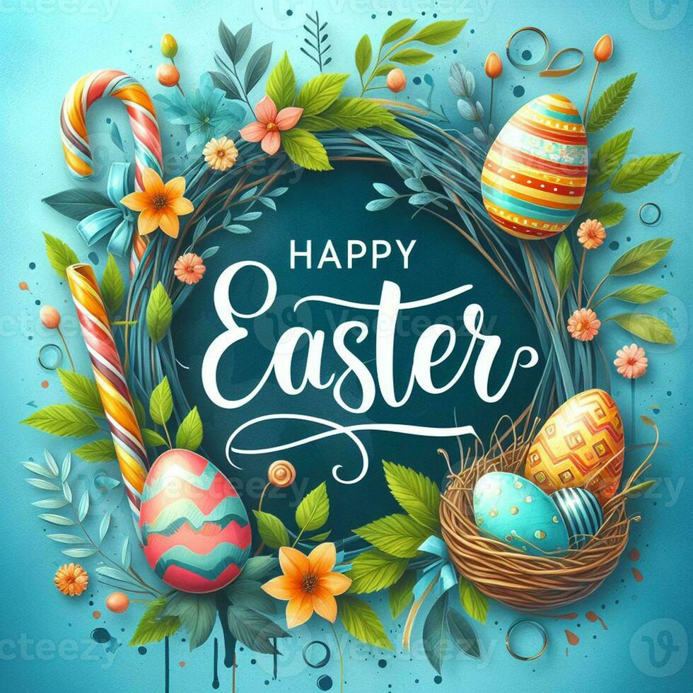 AI generated Happy easter holiday lettering, banner trendy design Easter day with bunny, flowers, eggs typography . Square invitation card text message for postcard photo