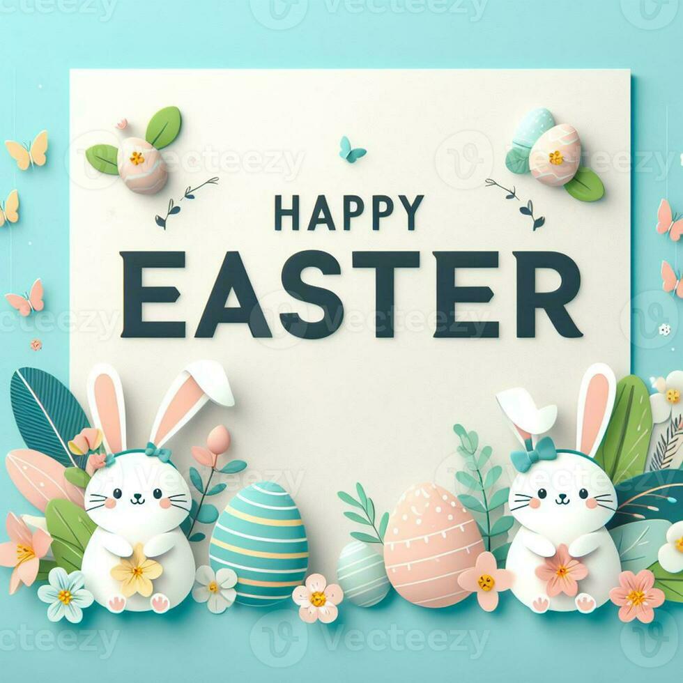 AI generated Happy easter holiday lettering, banner trendy design Easter day with bunny, flowers, eggs typography . Square invitation card text message for postcard photo