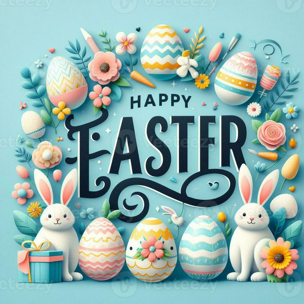 AI generated Happy easter holiday lettering, banner trendy design Easter day with bunny, flowers, eggs typography . Square invitation card text message for postcard photo