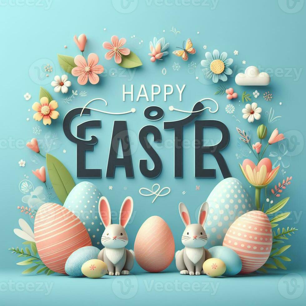 AI generated Happy easter holiday lettering, banner trendy design Easter day with bunny, flowers, eggs typography . Square invitation card text message for postcard photo