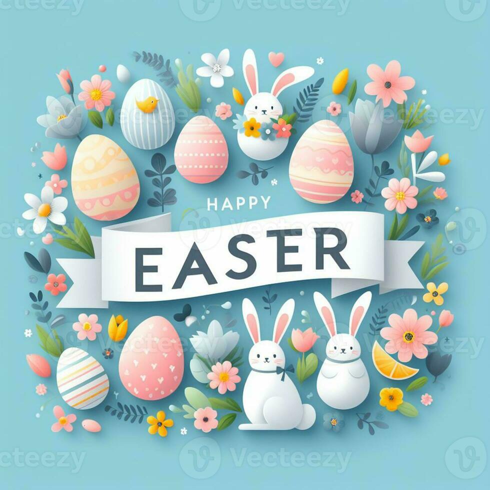 AI generated Happy easter holiday lettering, banner trendy design Easter day with bunny, flowers, eggs typography . Square invitation card text message for postcard photo
