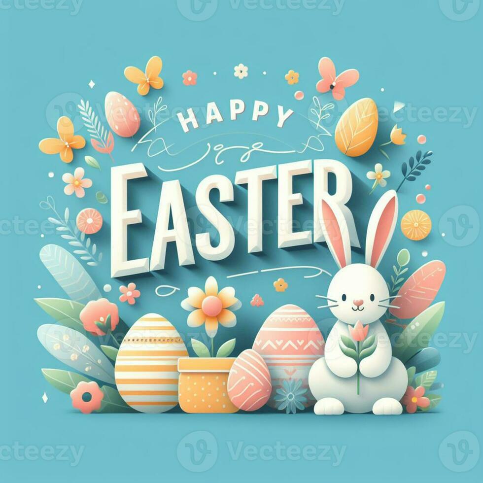 AI generated Happy easter holiday lettering, banner trendy design Easter day with bunny, flowers, eggs typography . Square invitation card text message for postcard photo