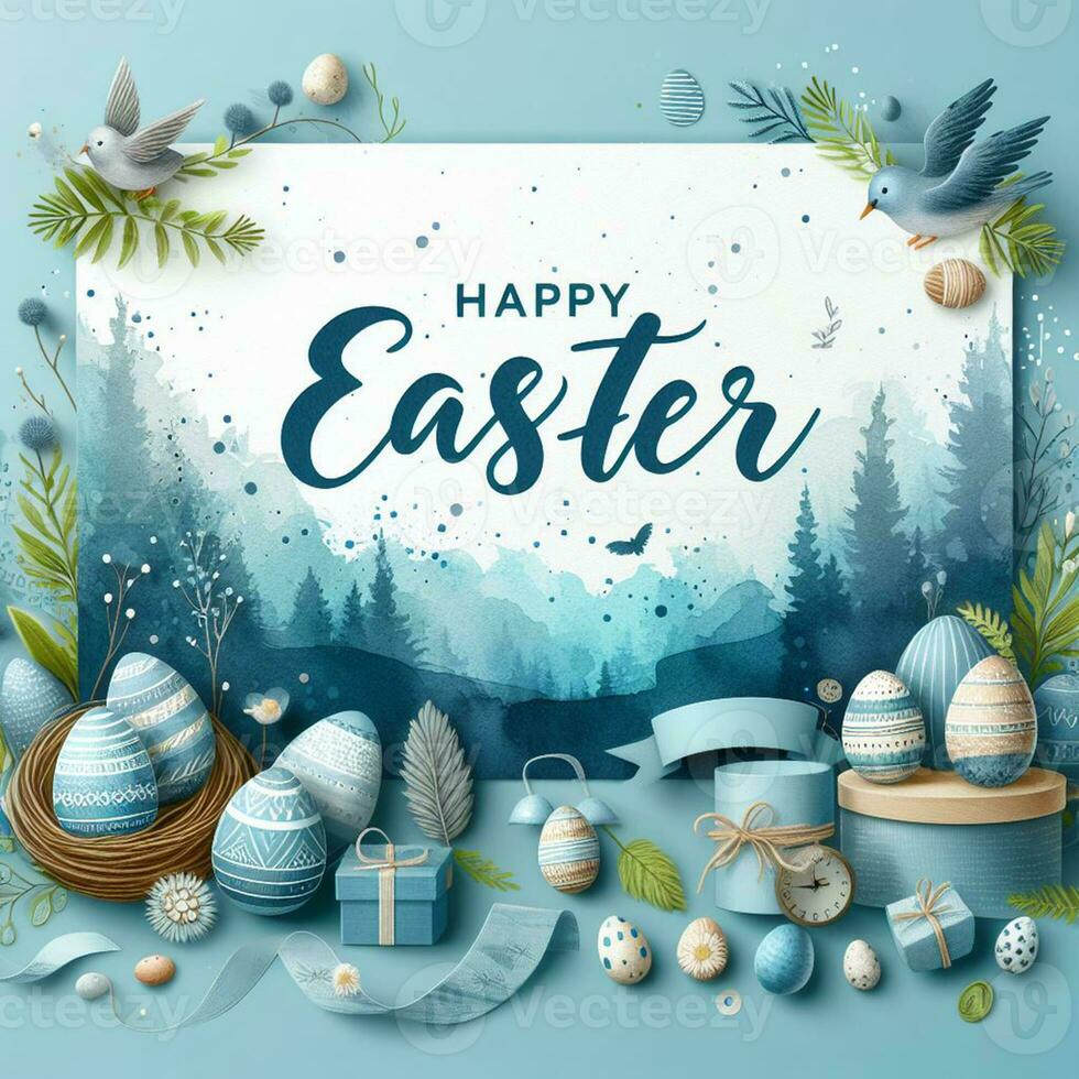 AI generated Happy easter holiday lettering, banner trendy design Easter day with bunny, flowers, eggs typography . Square invitation card text message for postcard photo