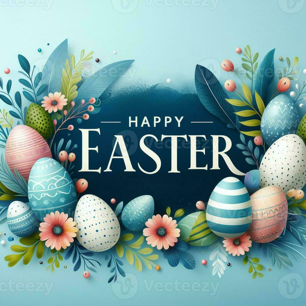 AI generated Happy easter holiday lettering, banner trendy design Easter day with bunny, flowers, eggs typography . Square invitation card text message for postcard photo