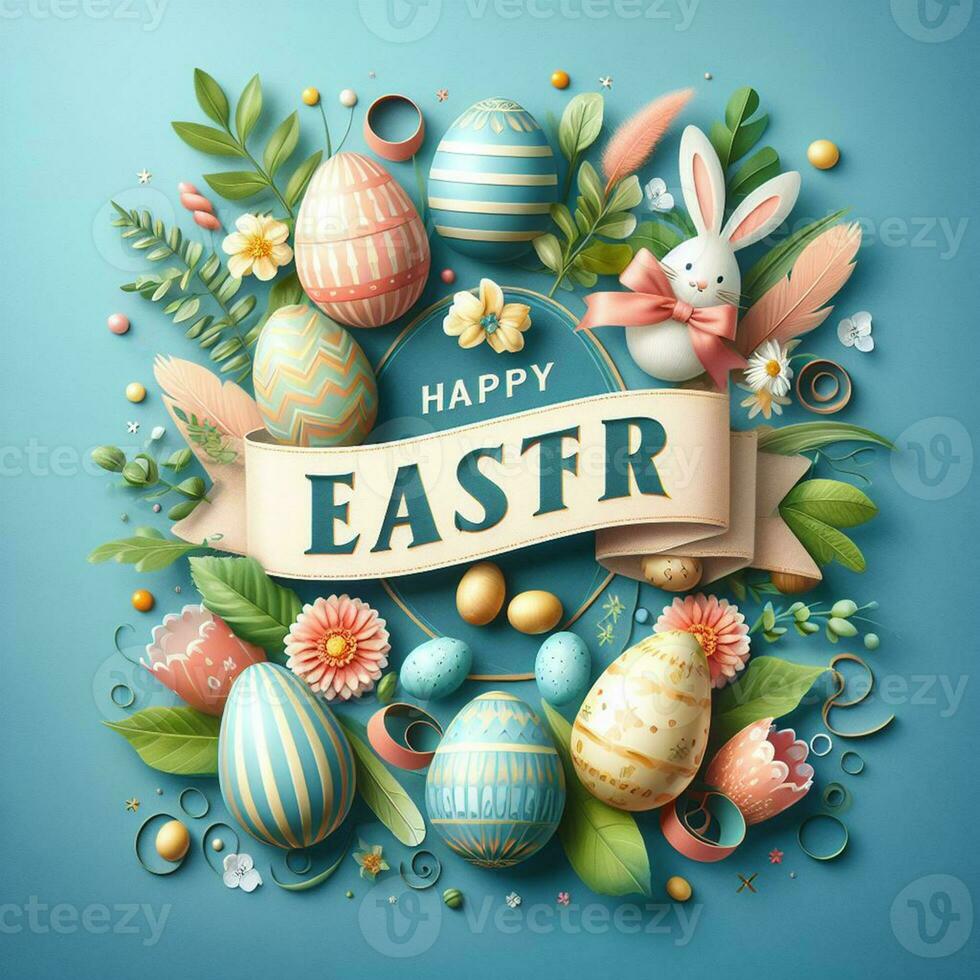 AI generated Happy easter holiday lettering, banner trendy design Easter day with bunny, flowers, eggs typography . Square invitation card text message for postcard photo