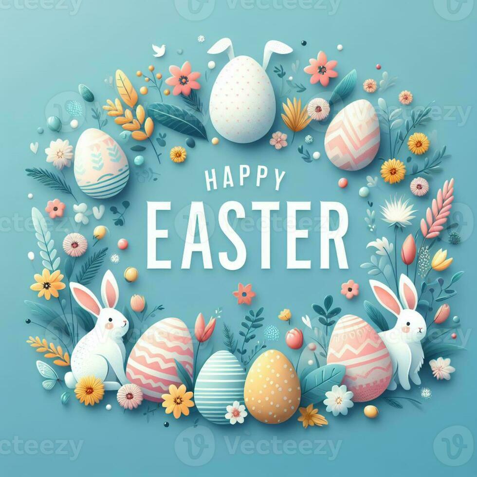 AI generated Happy easter holiday lettering, banner trendy design Easter day with bunny, flowers, eggs typography . Square invitation card text message for postcard photo