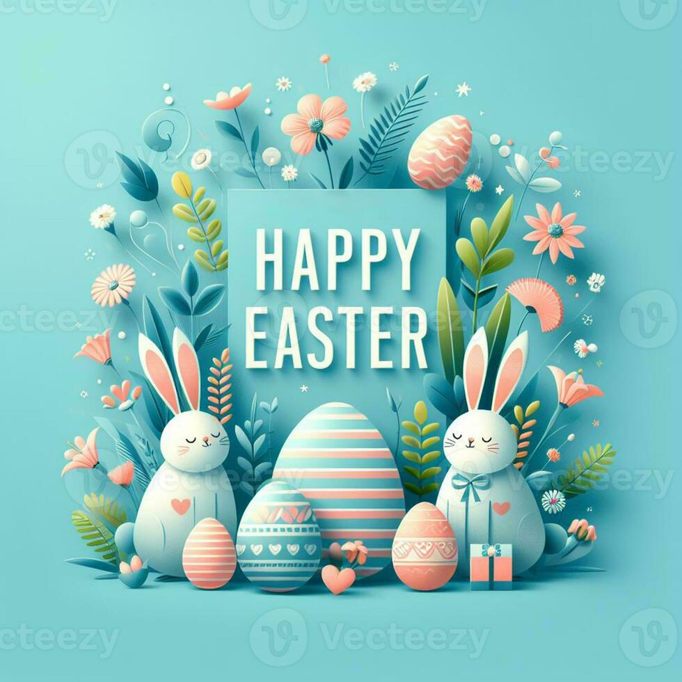 AI generated Happy easter holiday lettering, banner trendy design Easter day with bunny, flowers, eggs typography . Square invitation card text message for postcard photo