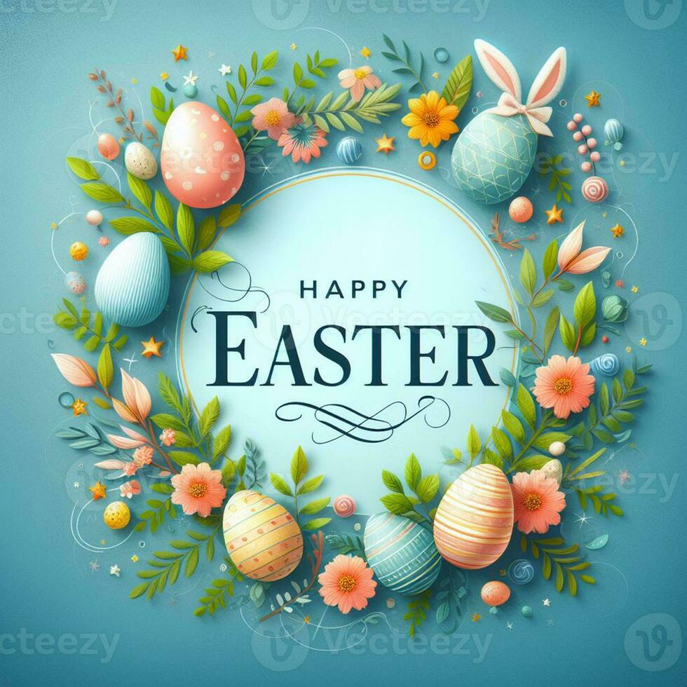 AI generated Happy easter holiday lettering, banner trendy design Easter day with bunny, flowers, eggs typography . Square invitation card text message for postcard photo