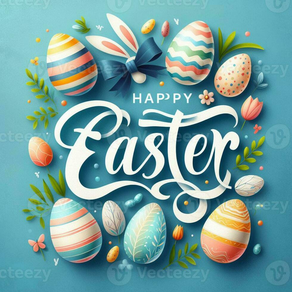 AI generated Happy easter holiday lettering, banner trendy design Easter day with bunny, flowers, eggs typography . Square invitation card text message for postcard photo