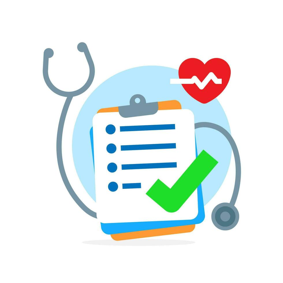 clipboard with stethoscope, medical check form report, health checkup concept illustration flat design vector. modern graphic element for landing page ui, infographic, icon vector