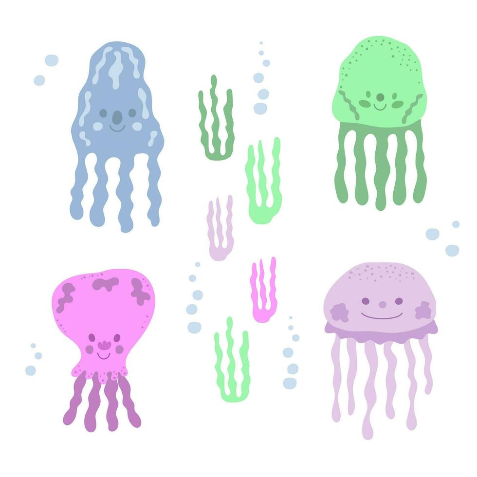 Jellyfish in a cute hand-drawn style. Sea animal for children illustration. Vector illustration.