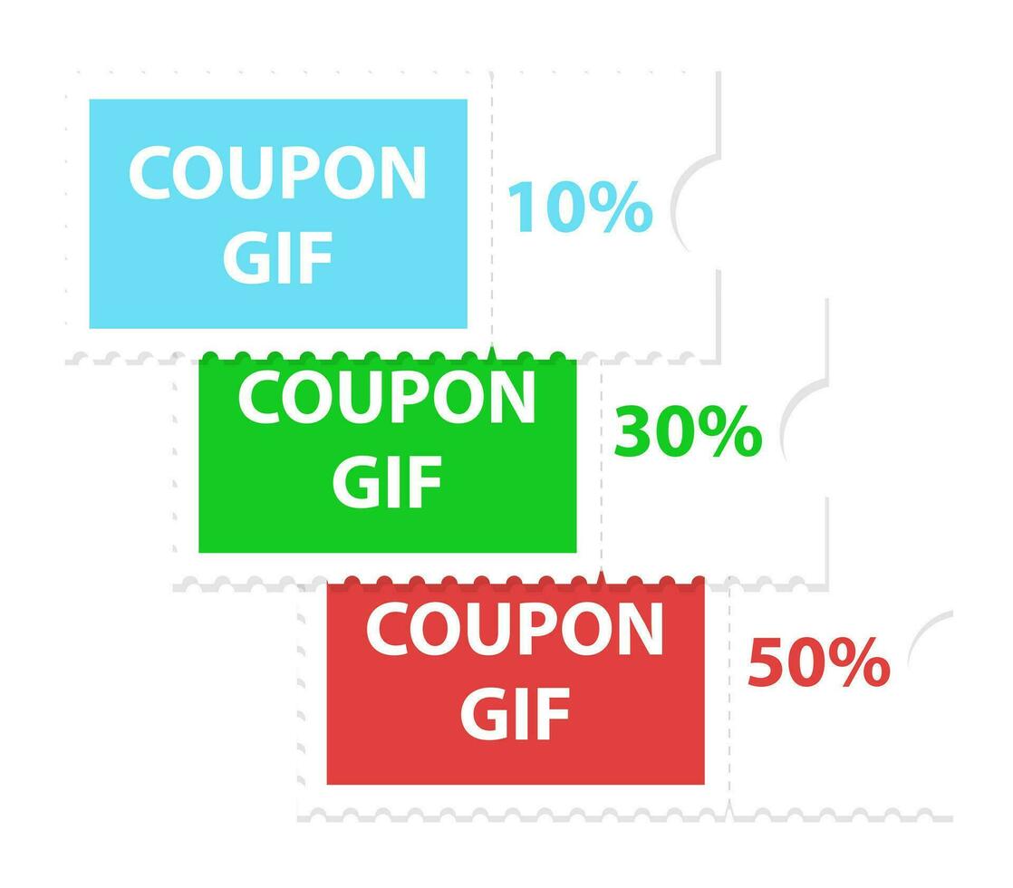 un conjunto de descuento regalo cupones cupones son limitado a descuentos 10, 30 y 50 apagado y descuentos para marketing. vector