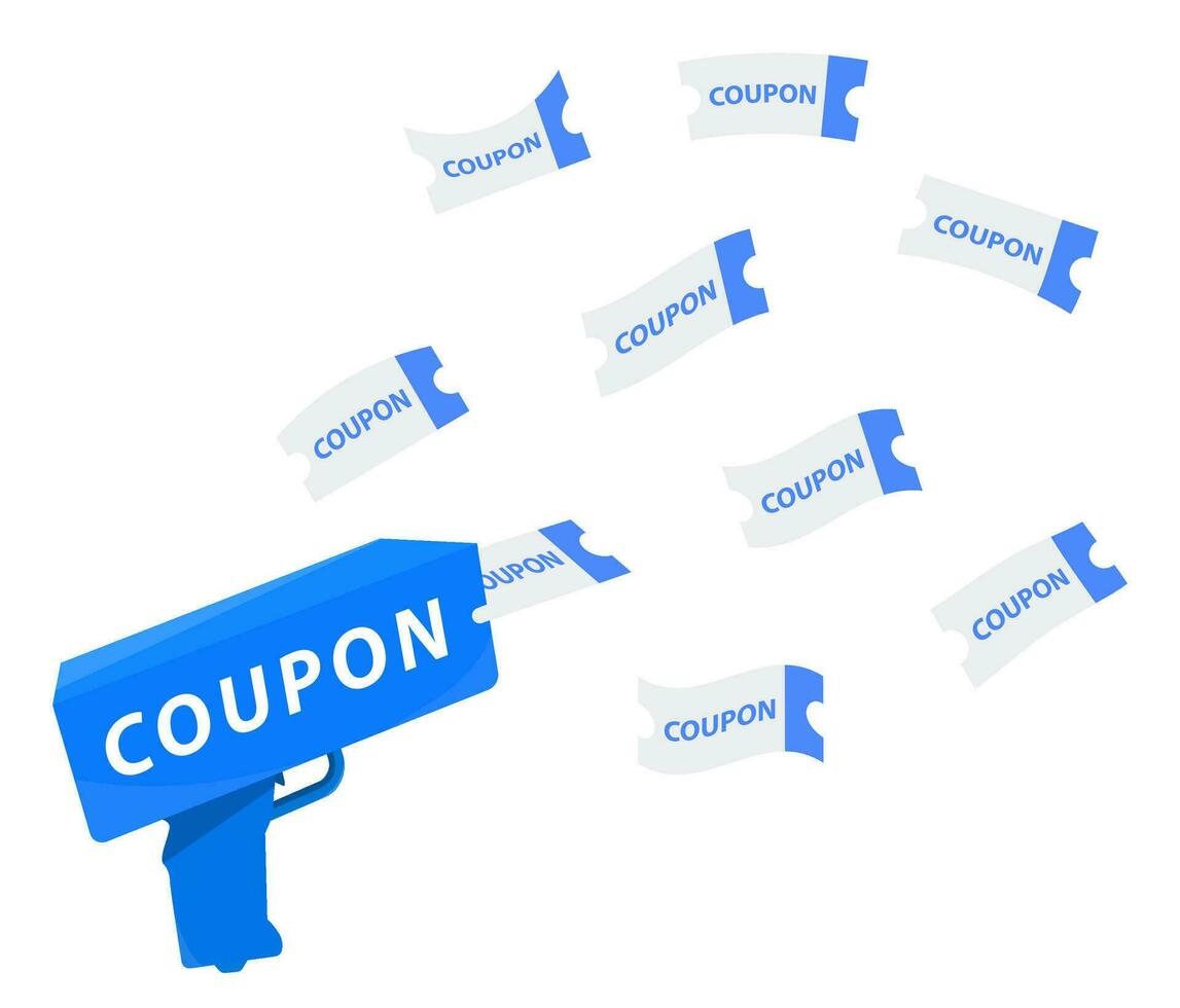 Money machine gun. Shoot the toy gun with the coupon. Cash, coupon, paper coupons. Discount promotion. Flat vector illustration