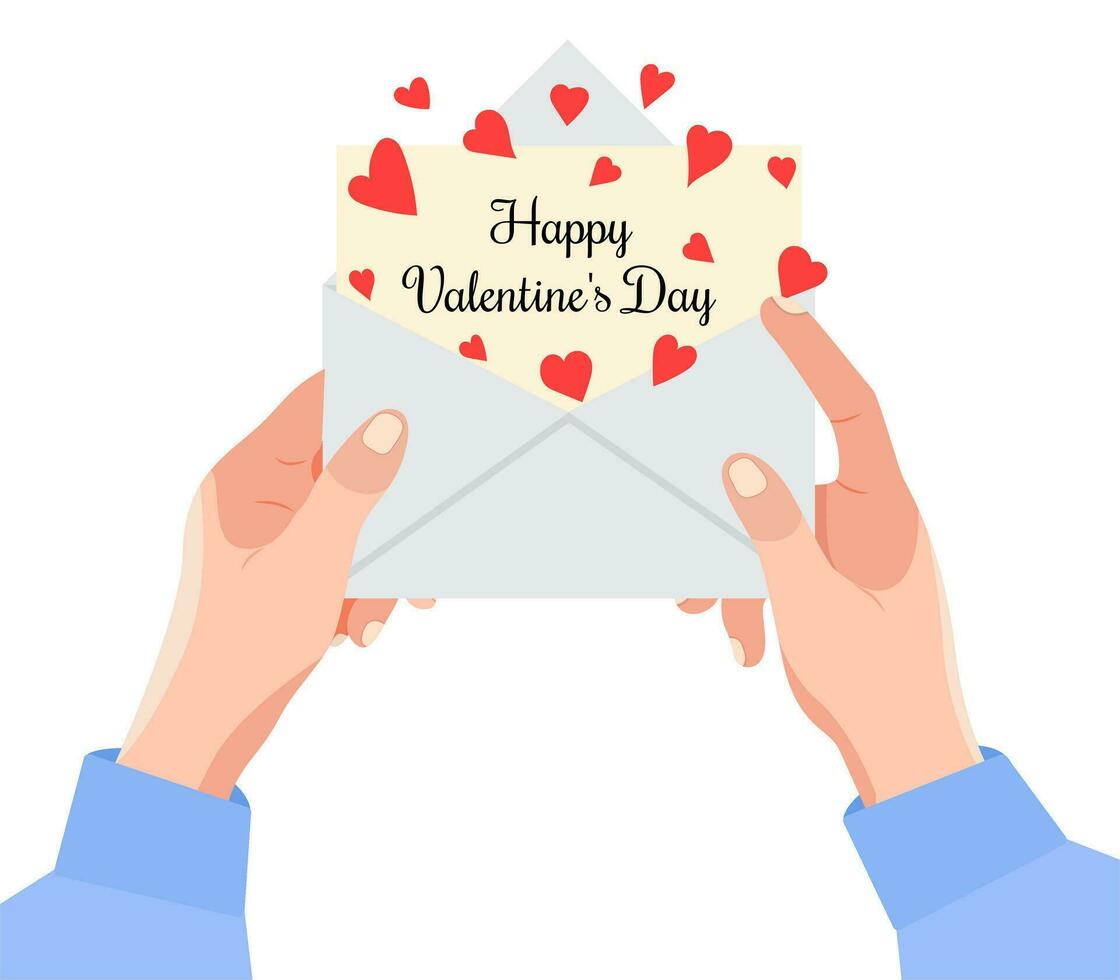 A boy's hands hold an open envelope with Valentine's Day greetings. Happy Valentine's Day. Love letter, greetings. Romantic concept. Vector illustration