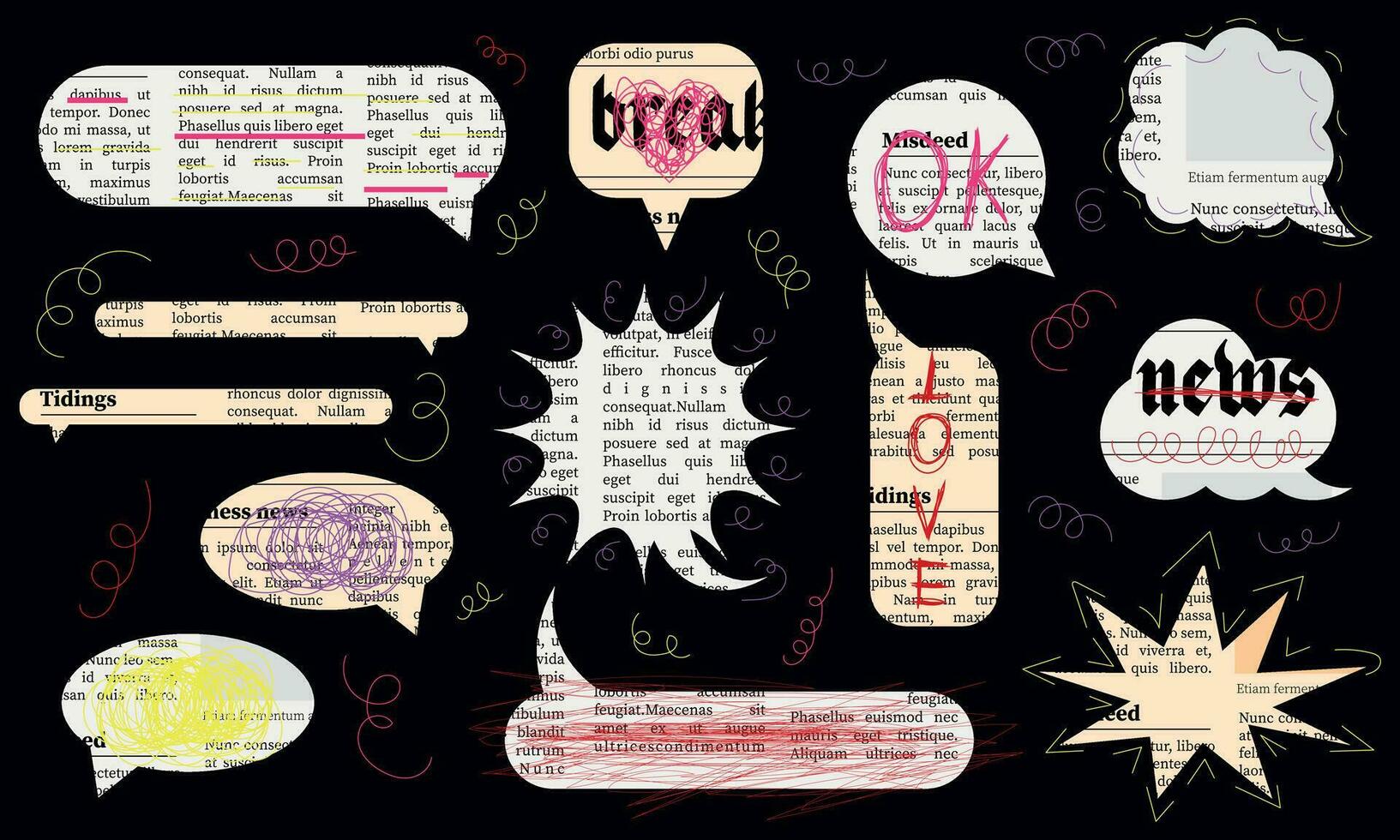 Retro collage. Vintage newspaper in the form of messages from messengers, doodle elements. Collage of text messages, vintage newspaper and doodle elements. Vector