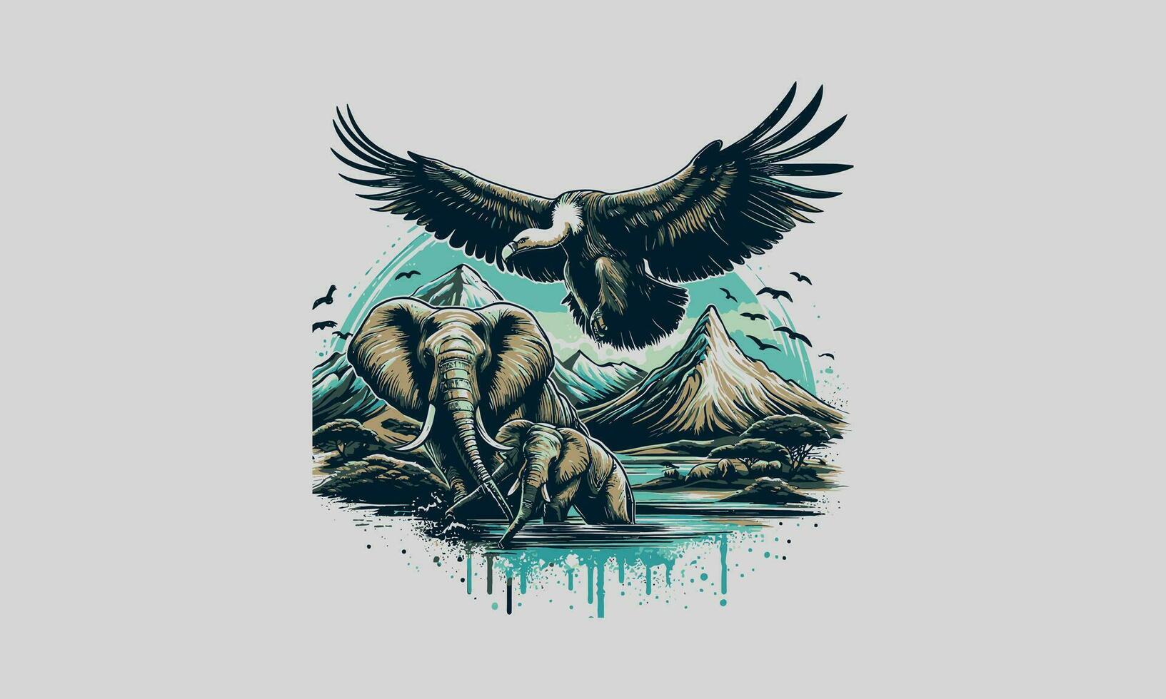 flying vulture and elephant on mountain vector artwork design