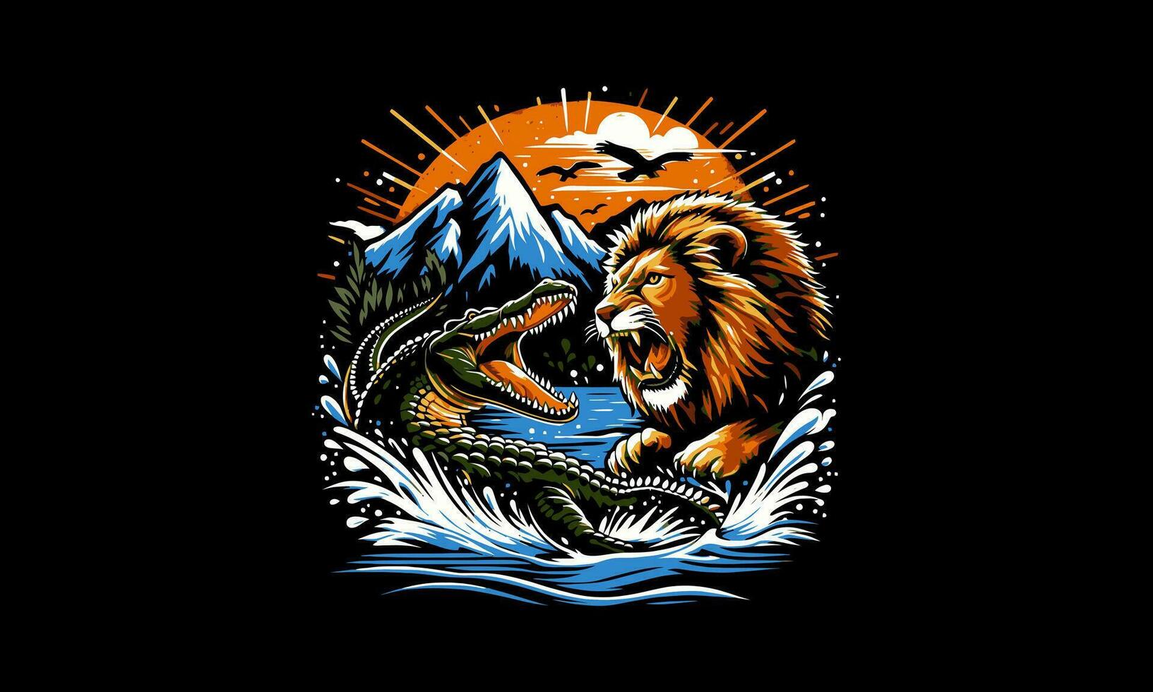 lion fight with crocodile on mountain vector artwork design