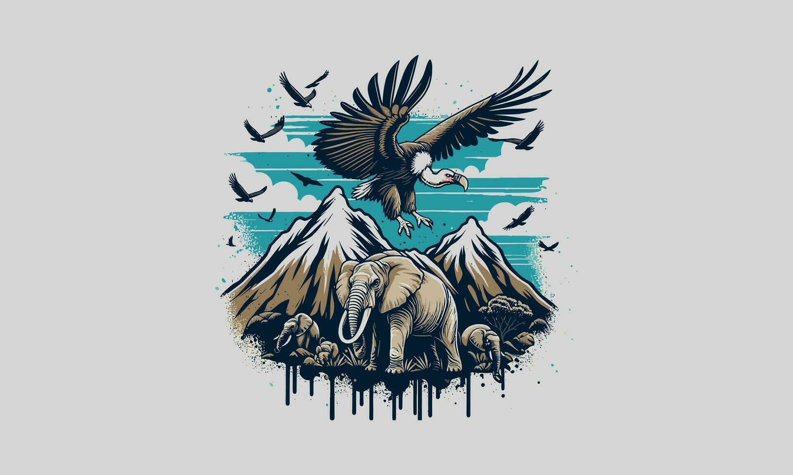 flying vulture and elephant on mountain vector artwork design