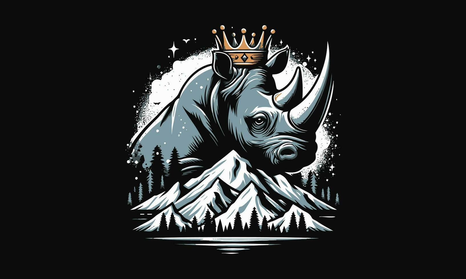 head rhino wearing crown on mountain vector artwork design