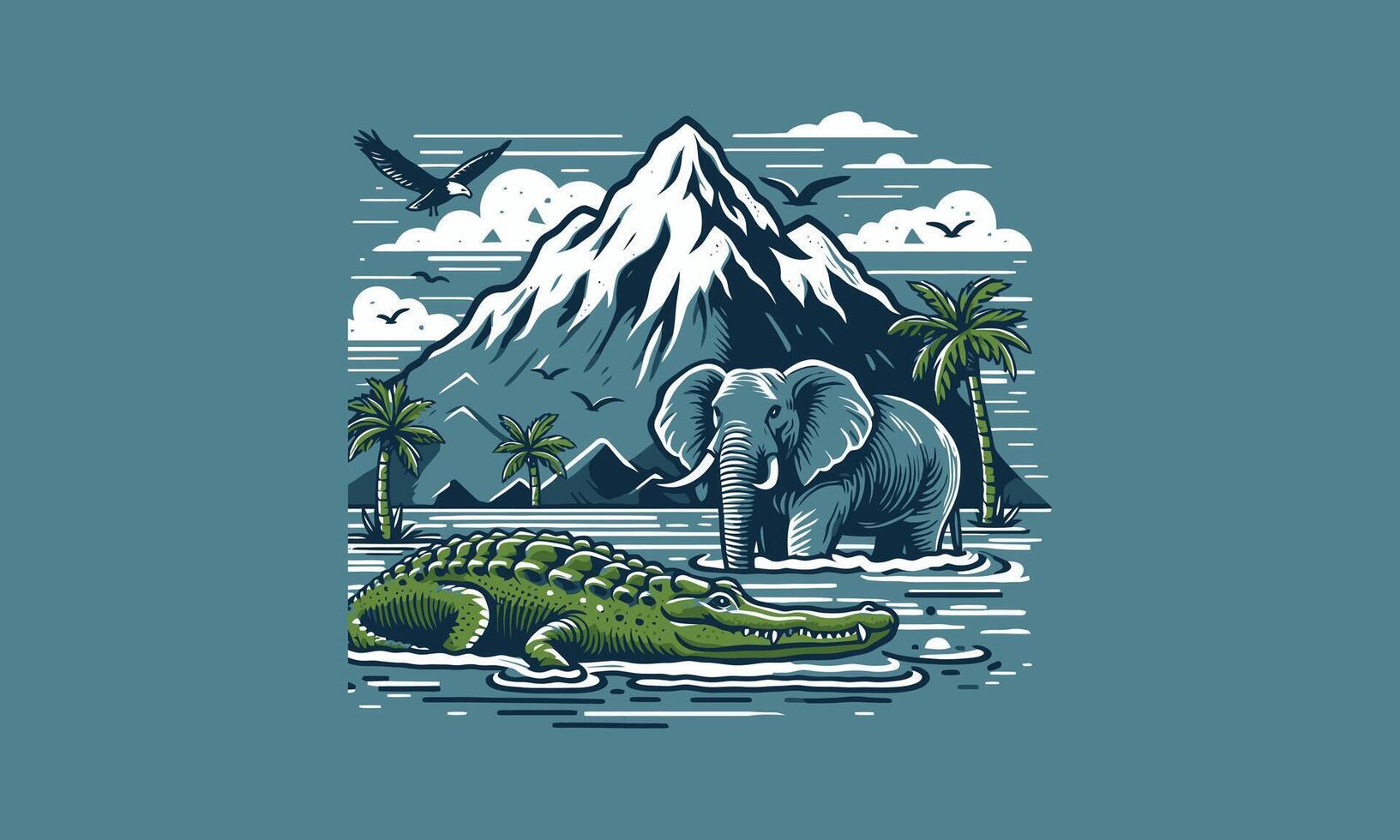 elephant and crocodile on lake vector artwork design