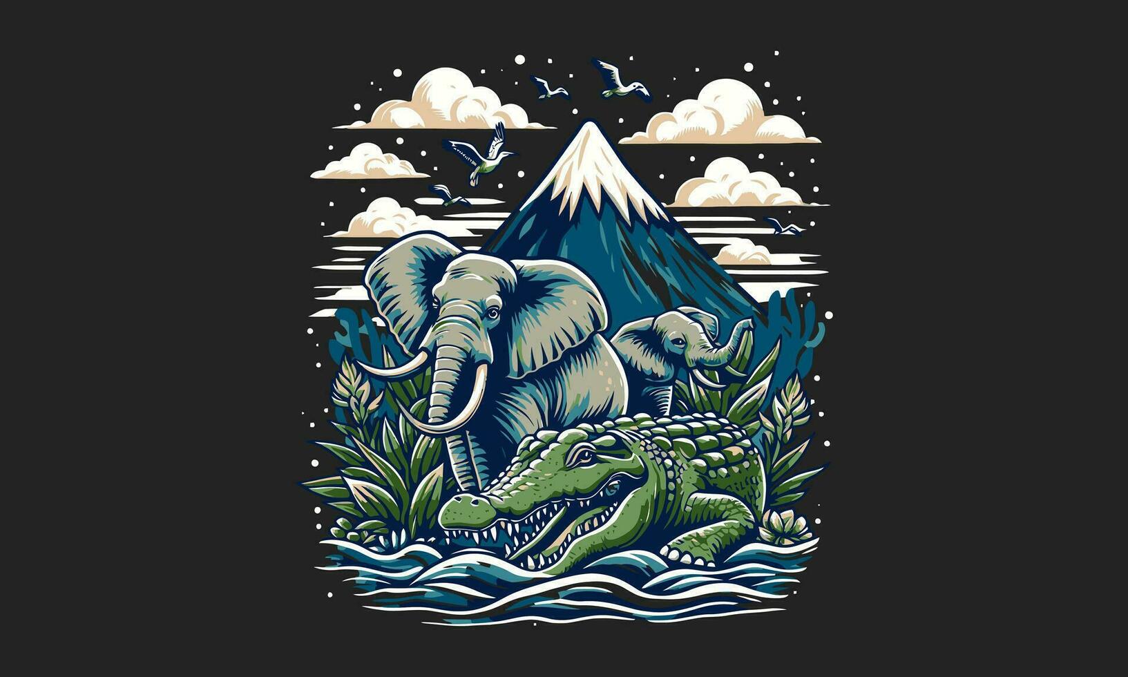 elefante y cocodrilo en lago vector obra de arte diseño