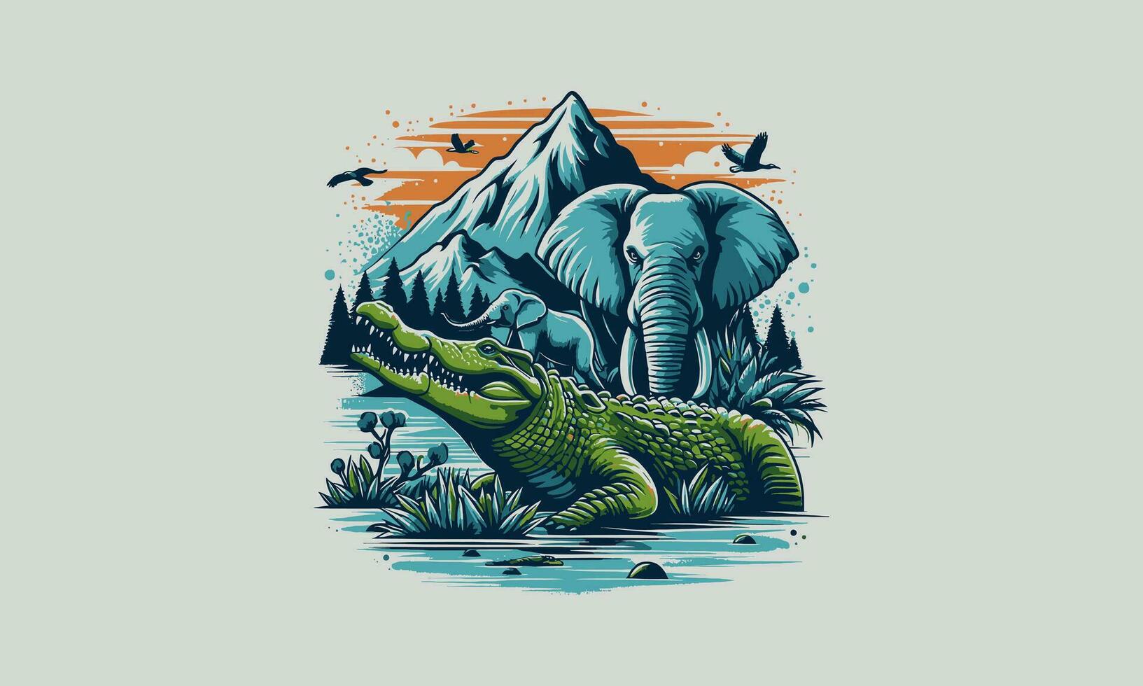 elephant and crocodile on lake vector artwork design