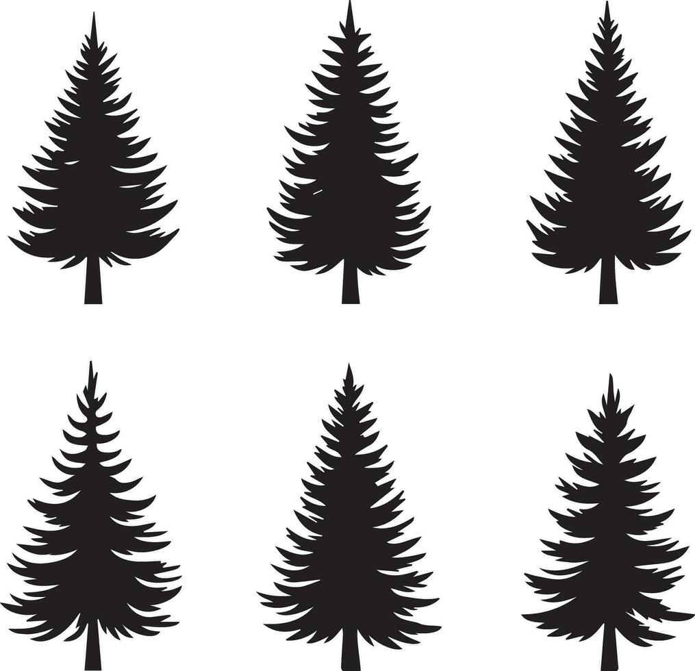 Silhouette Solid Vector Icon Set Of Christmas Tree, Yule tree, Fir tree, Tannenbaum, Evergreen, Conifer, Pine tree, Holiday tree, Festive tree, Decorated tree, Seasonal tree.