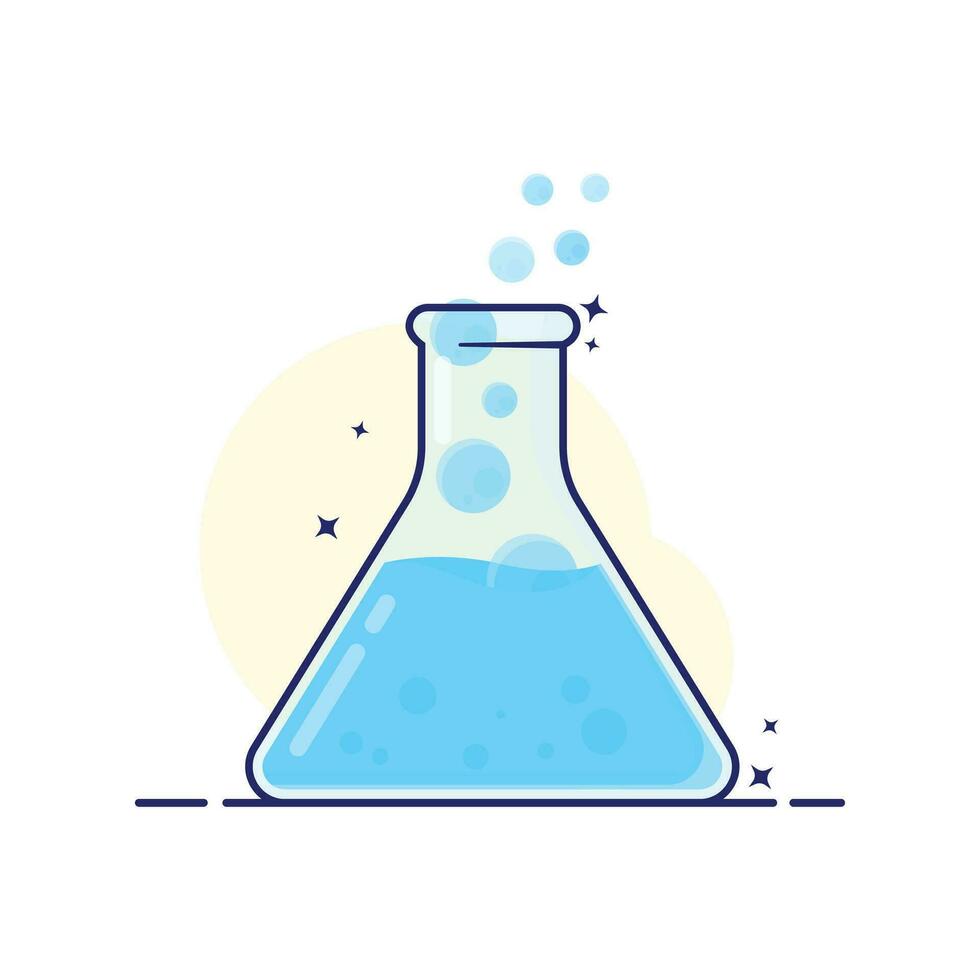 Erlenmayer flask bottle of labs science cute cartoon illustration, blue spell with floating bubble, good for science graphic resource, kids friendly and study isolated by white color vector