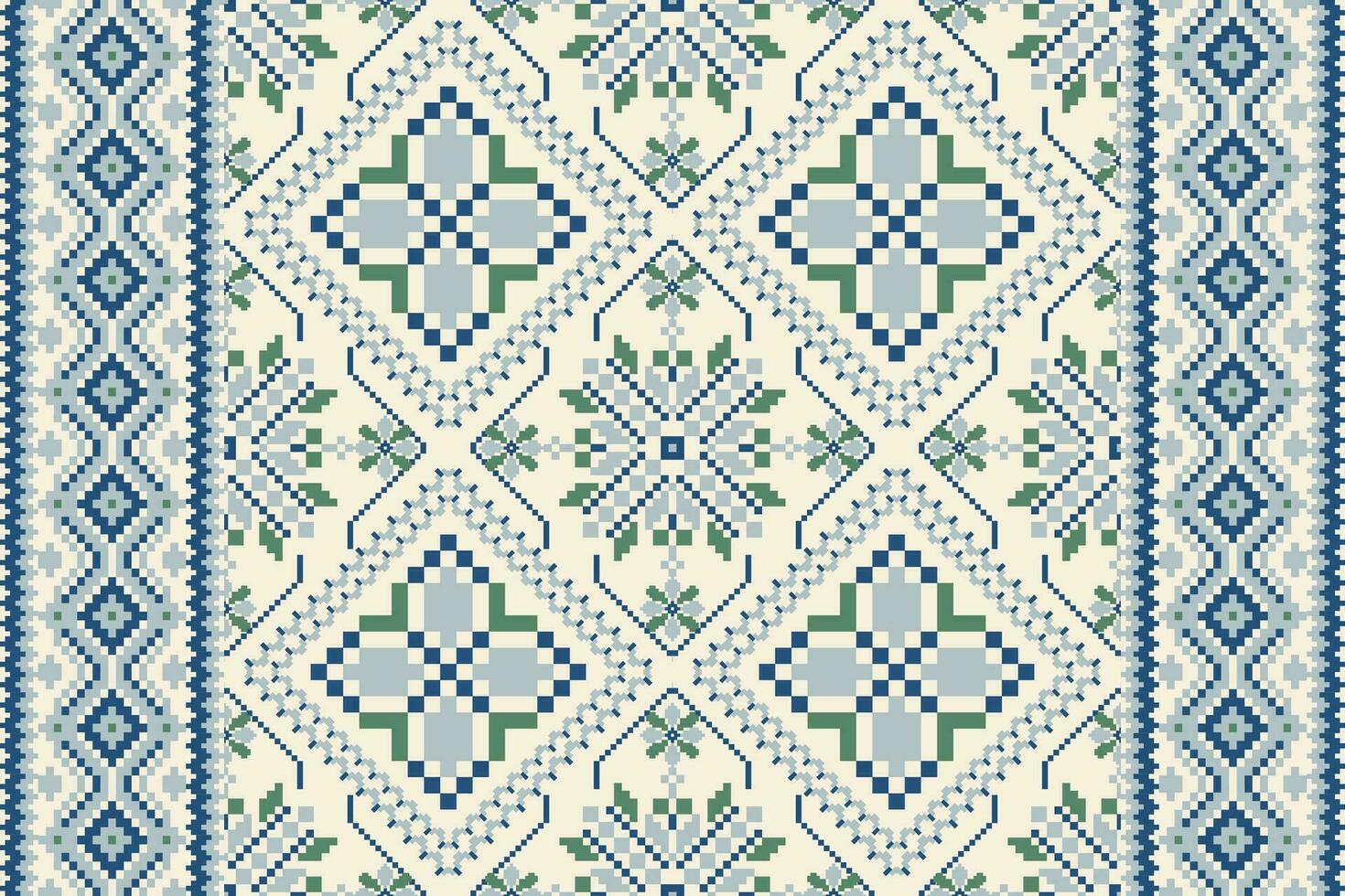 Floral Cross Stitch Embroidery on white background.Ikat ethnic oriental pattern traditional.Aztec style abstract vector illustration.design for texture,fabric,clothing,wrapping,decoration,scarf,carpet