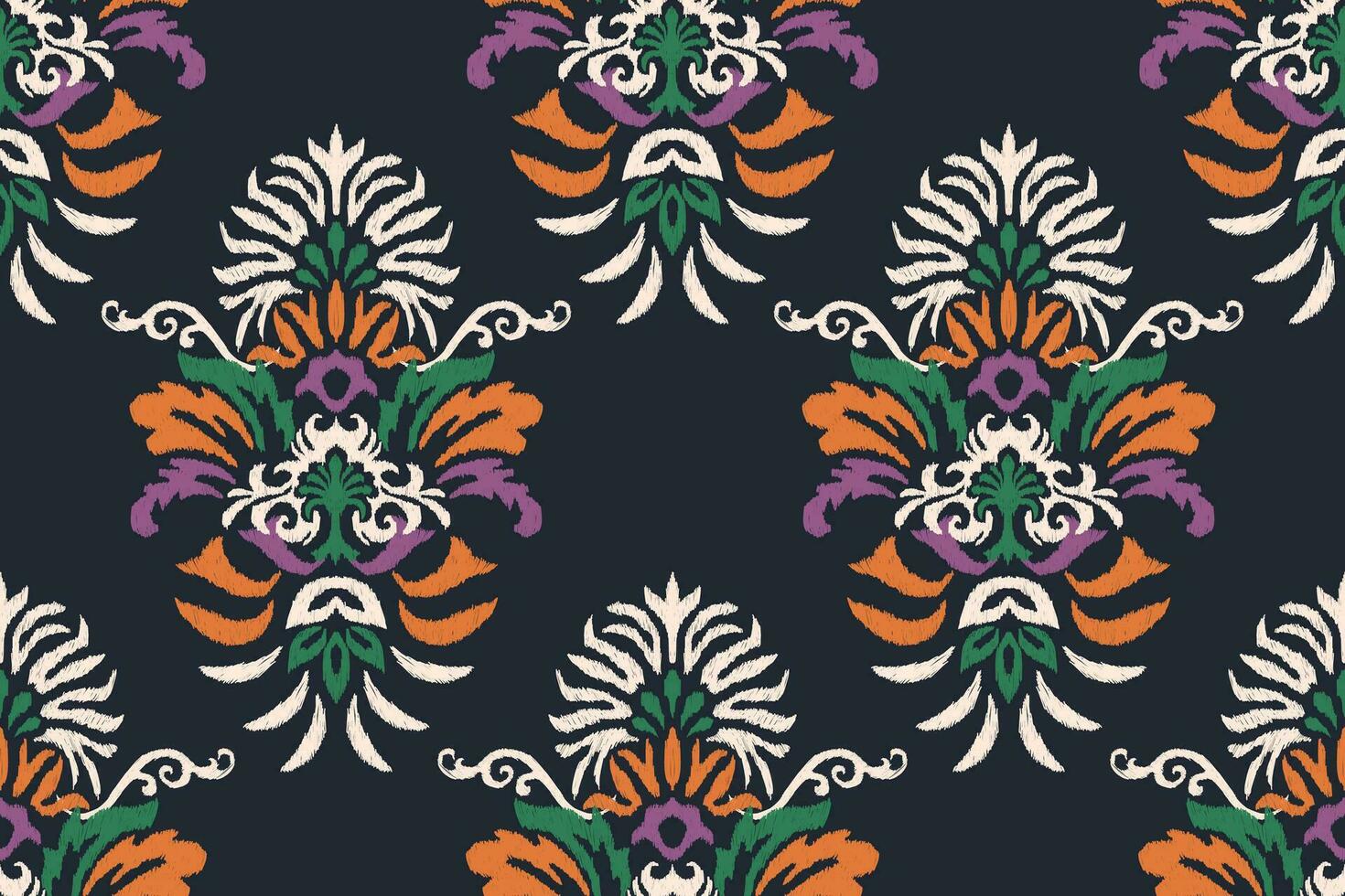Ikat floral paisley embroidery on black background.Ikat ethnic oriental seamless pattern traditional.Aztec style abstract vector illustration.design for texture,fabric,clothing,wrapping,decoration.