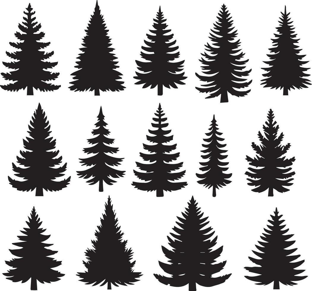 Silhouette Solid Vector Icon Set Of Christmas Tree, Yule tree, Fir tree, Tannenbaum, Evergreen, Conifer, Pine tree, Holiday tree, Festive tree, Decorated tree, Seasonal tree.